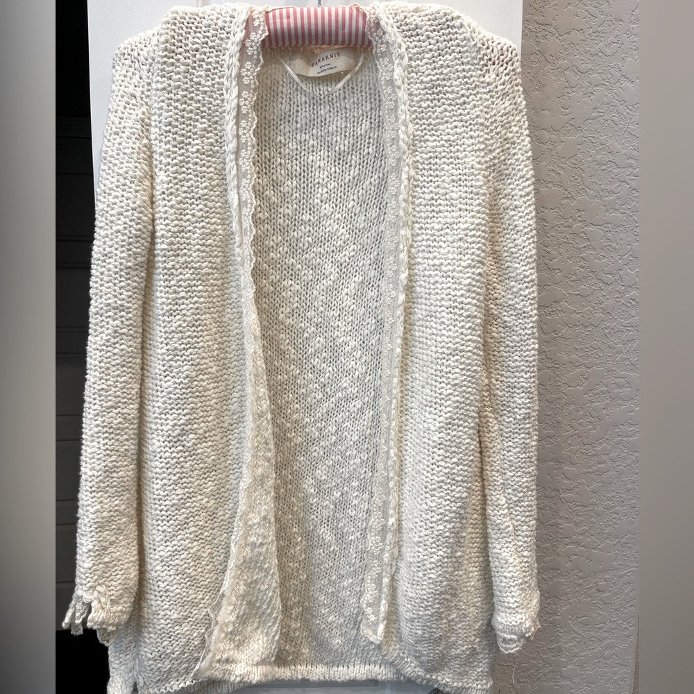 ZARA KNIT Open Front Lace Cardigan Sweater Ivory/ Cream
